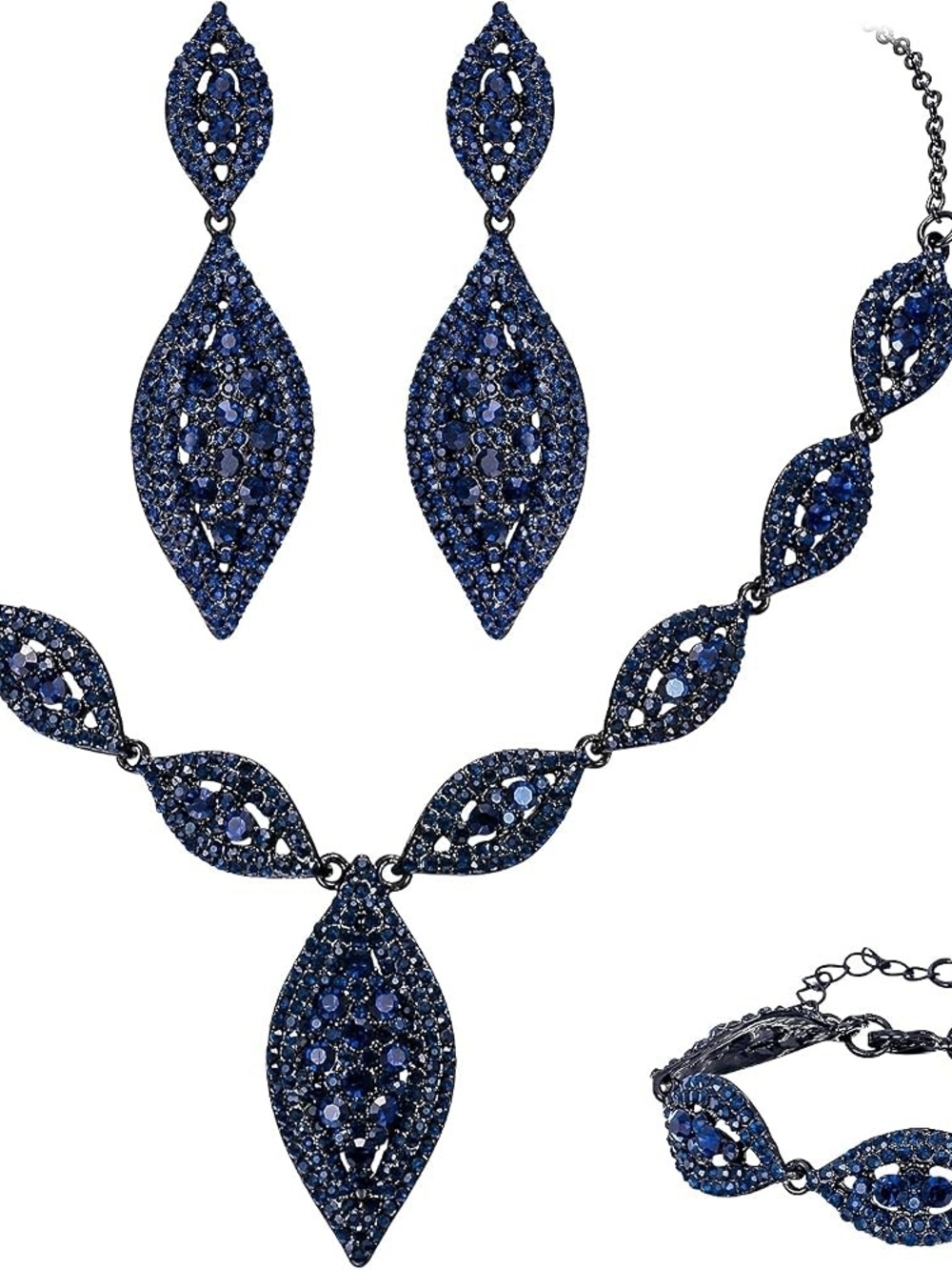 Elegant Navy Crystal Leaf Necklace and Earrings Set